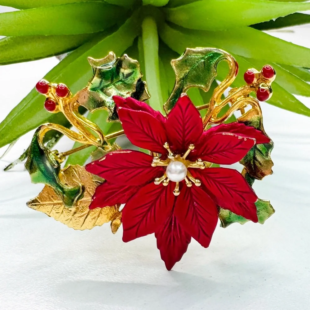 Vintage Y2K Kenneth Cole Satin Red Enamel Christmas Poinsettia Faux Pearl Brooch